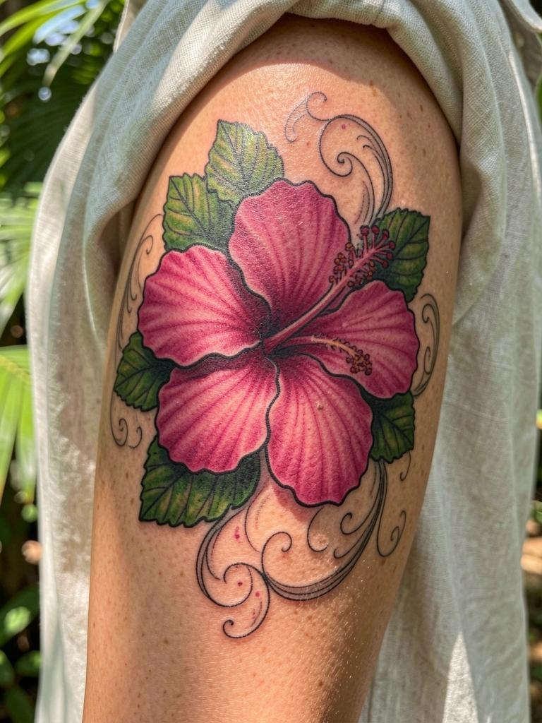 Close de tatuagem de hibisco rosa vibrante com pétalas magenta e folhagem verde, detalhes pretos e linhas finas na pele, luz natural e fundo desfocado.