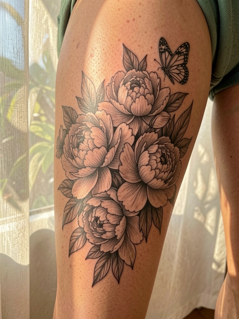 Tatuagem preto e branco de peônias e borboleta na coxa, luz filtrada por cortina, pele realista com poros.