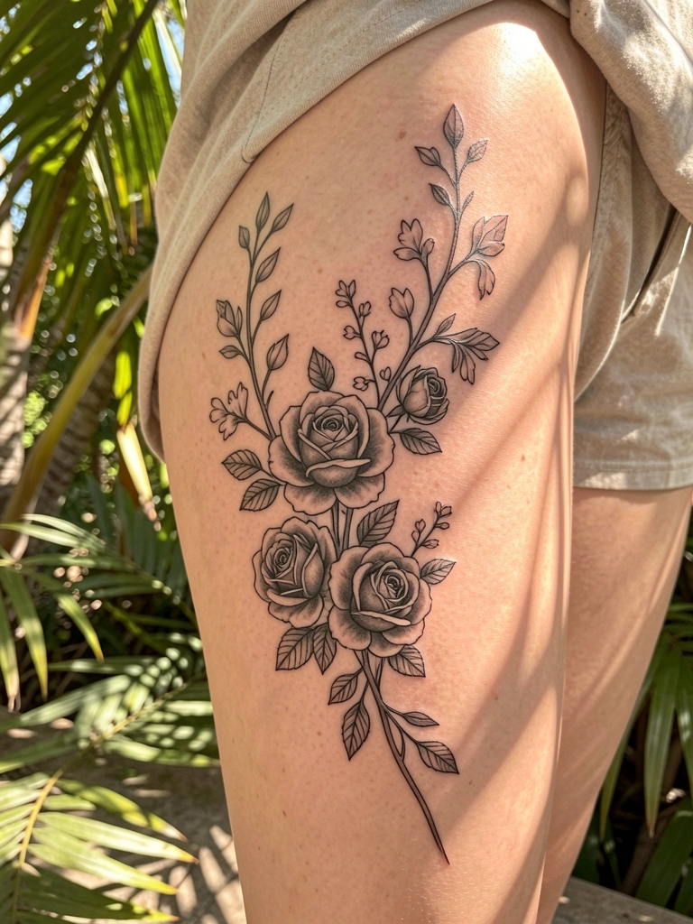 Tatuagem preta e cinza de ramo floral e rosas ao longo da coxa, luz do dia filtrada por folhas criando sombras suaves.