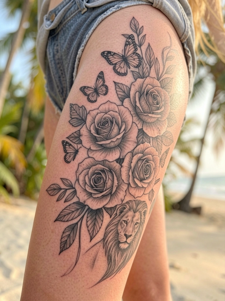 Tatuagem realista de rosa e borboleta em tons de cinza na coxa, com fundo desfocado em luz natural quente.