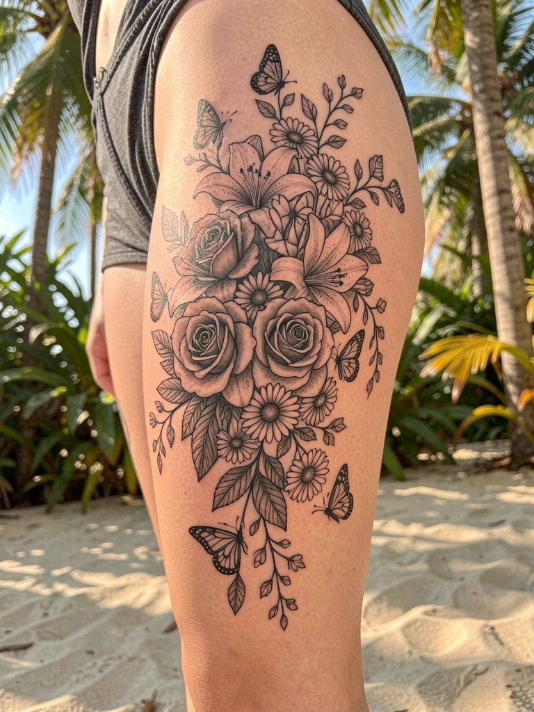 Tatuagem preta e cinza de rosas, lírios, margaridas e borboletas envolve a coxa de uma mulher, com ramos e folhas caindo em cascata, luz natural quente e fundo tropical.