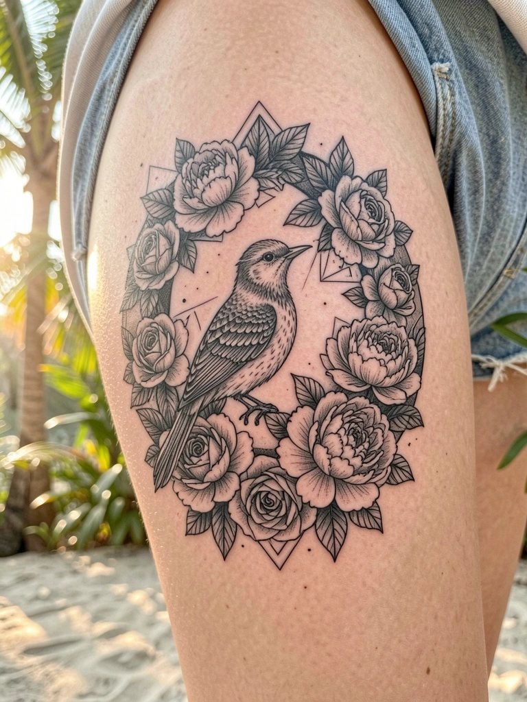 Tatuagem em preto e branco de um pássaro com detalhes de penas sobre rosas e peônias em formato de lua crescente na coxa de uma mulher, luz natural suave ao fundo.