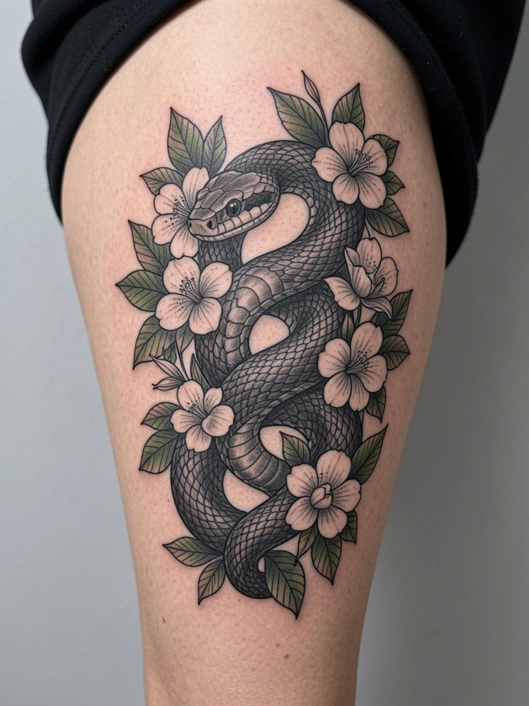 Tatuagem realista de cobra entrelaçada com flores brancas e folhas verdes na coxa feminina, luz suave destacando texturas.