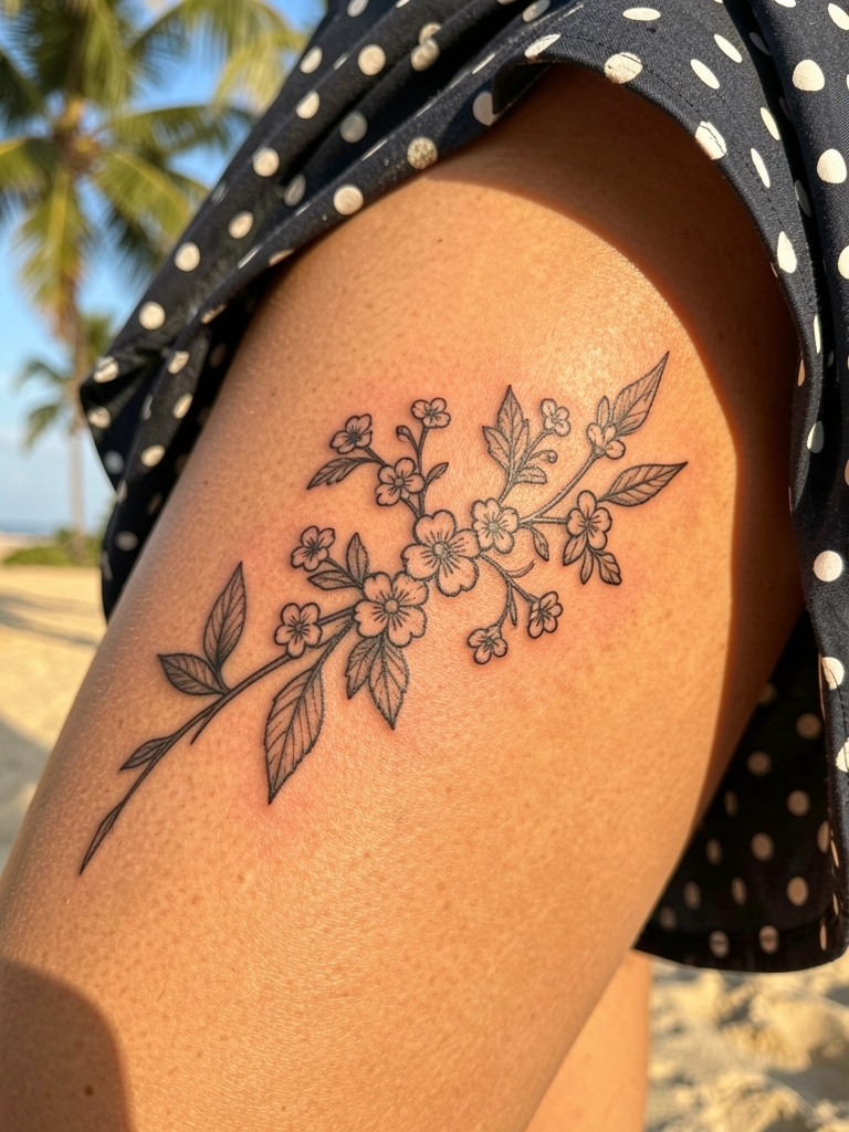 Close-up de perna feminina com tatuagem floral preta e branca, detalhes intricados, pele levemente bronzeada, iluminação natural quente e saia de bolinhas ao fundo.