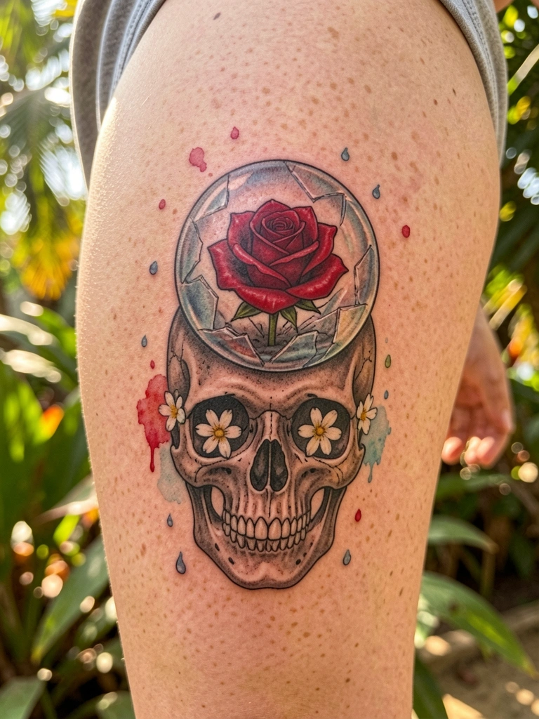 Coxa realista com tatuagem de caveira detalhada, orbe de vidro quebrado com rosa vermelha e flores brancas nas órbitas, luz natural filtrada por folhas.