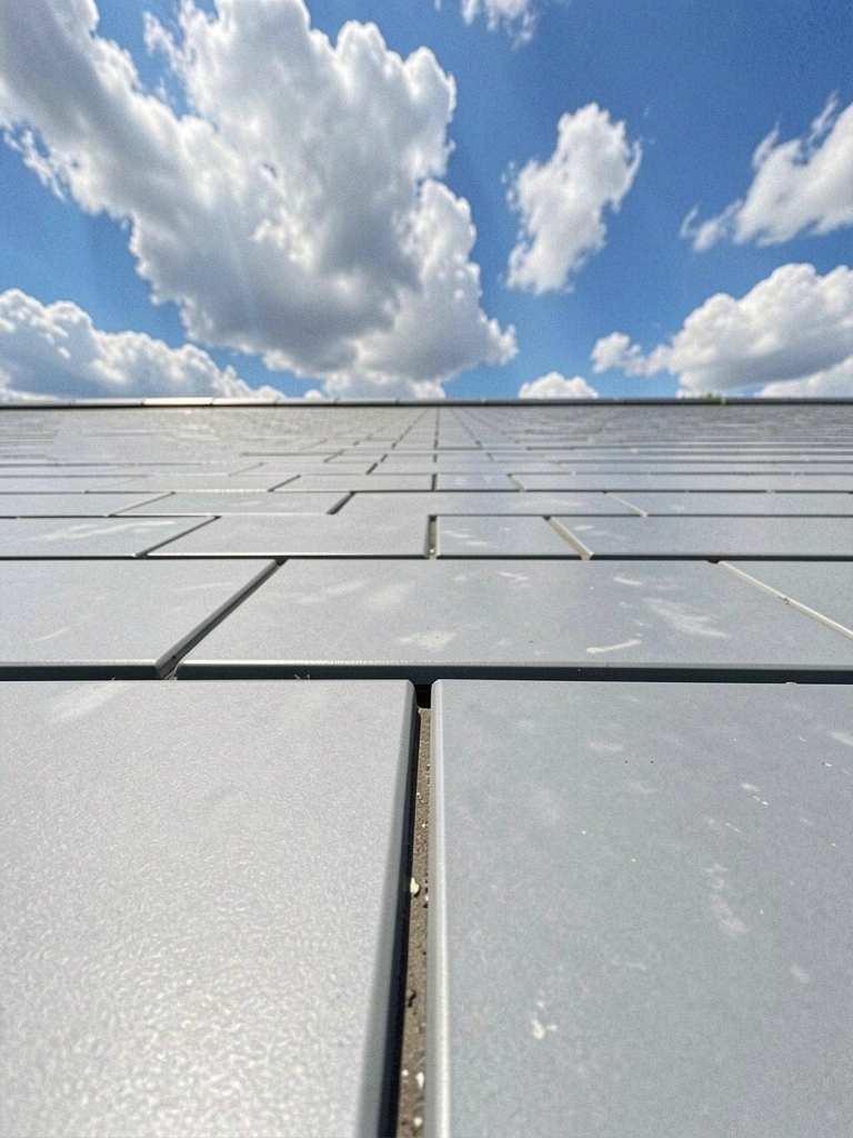Telhado com telhas PVC planas na cor cinza sobre estrutura metálica.