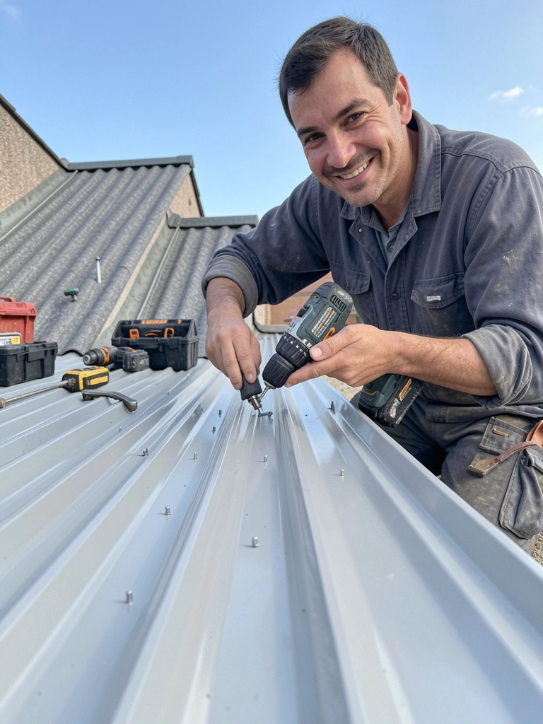 Instalador fixando telha PVC com parafusos em estrutura metálica.