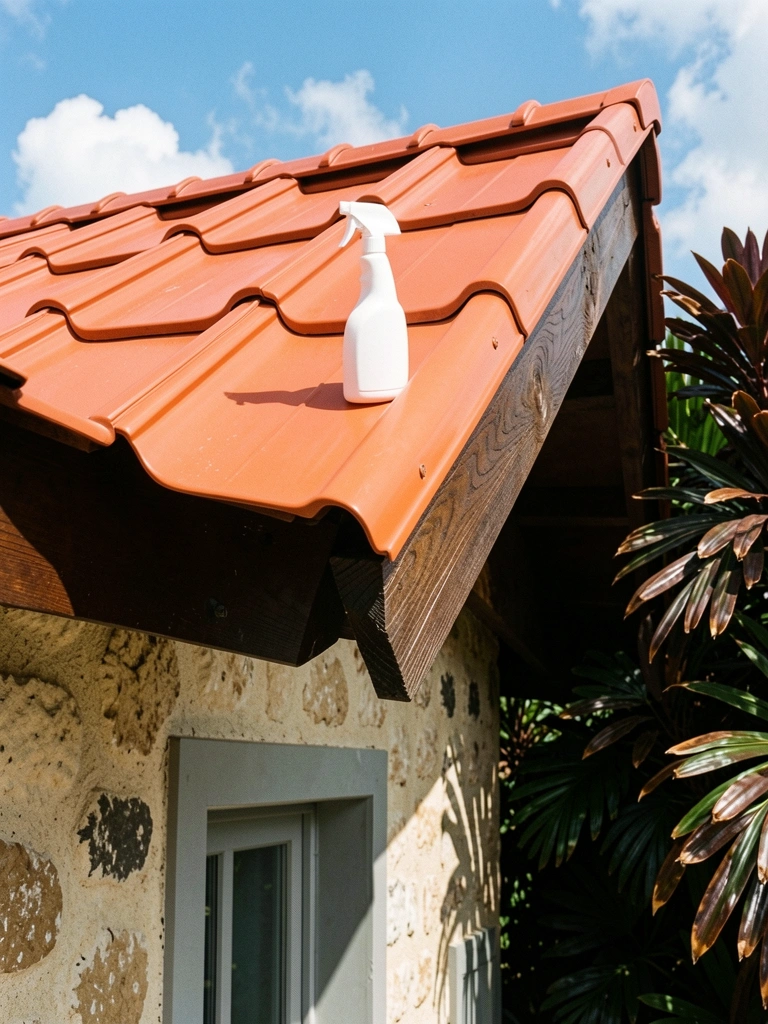 Garrafas de produtos de limpeza sobre telhas PVC brancas.