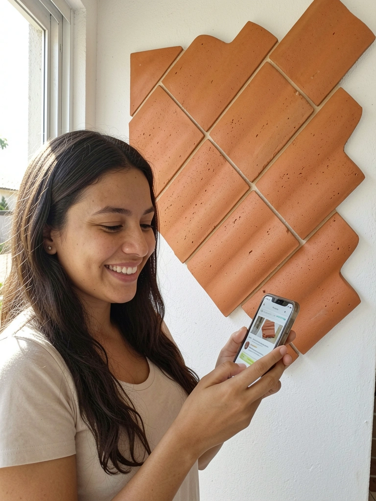 Mulher lendo sobre telhas PVC no celular, sentada em um sofá.