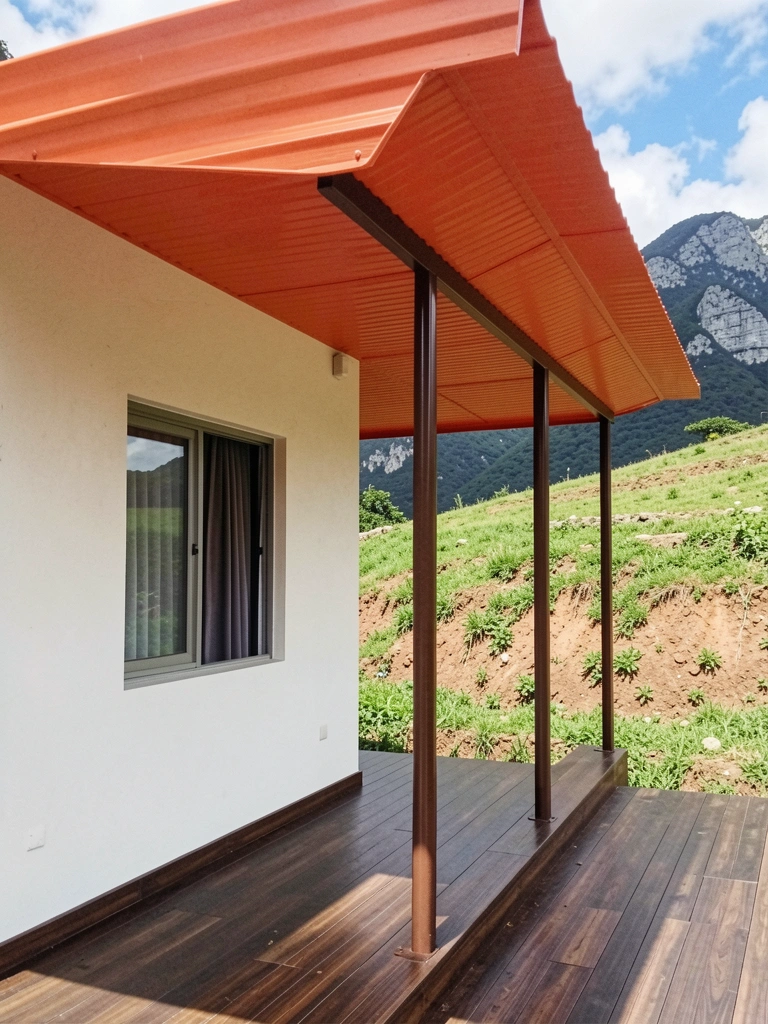Casa moderna com telhado de PVC curvo e fachada de vidro e concreto