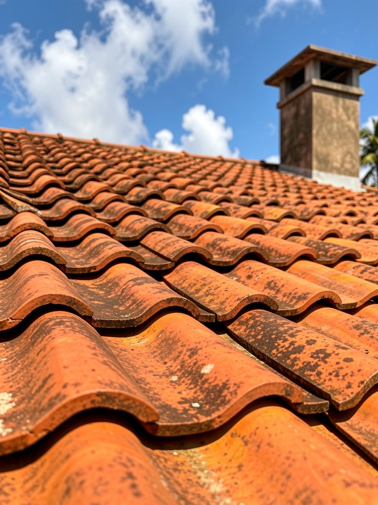 Telhado de terracota com telhas sobrepostas e chaminé, céu azul com nuvens, ângulo baixo destacando textura.