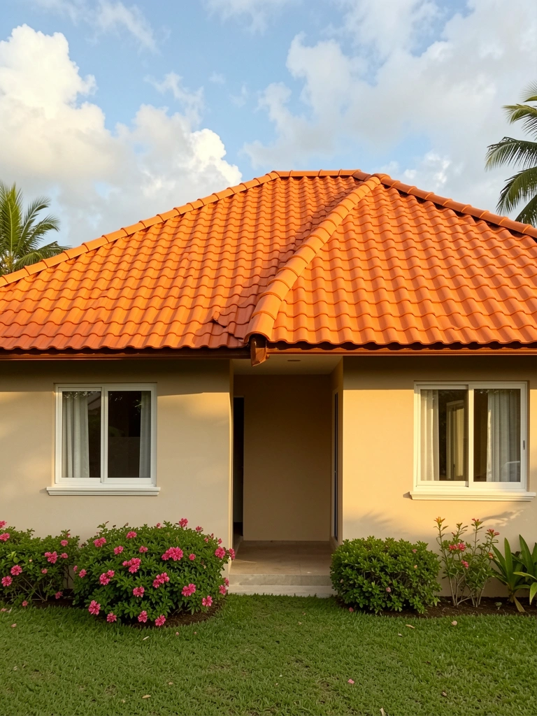 Telhado de telhas curvas laranja de casa moderna, com gramado verde e flores rosadas, sob luz natural e céu com nuvens.