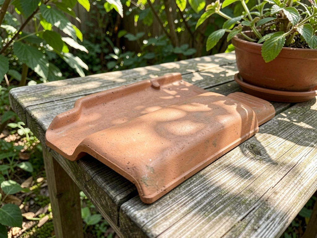 Telha de terracota rústica sobre mesa de madeira desgastada ao ar livre, com vegetação verde ao redor e luz solar filtrada por folhas, destacando textura e tons terrosos.