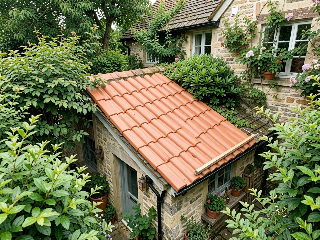 Telha de barro terracota sendo colocada em telhado de casa de campo cercada por vegetação verde, luz natural, estilo autêntico