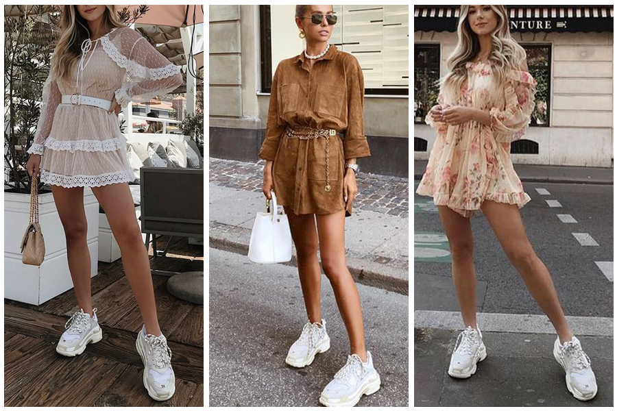 tênis branco com vestido longo florido