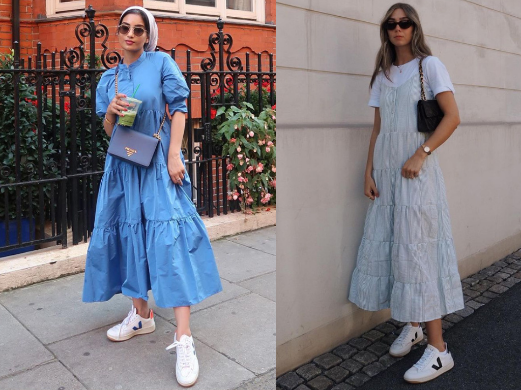 combinações vestido longo e tênis