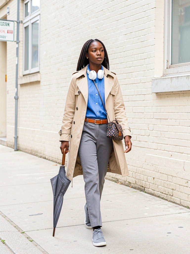 Mulher negra com trench coat bege e lenço azul caminha em rua com parede de tijolos claros, placa e janela ao fundo.