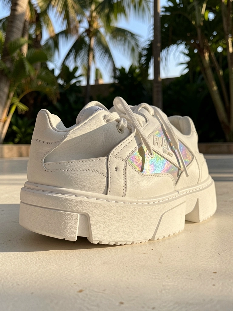 Tênis branco de couro com sola plataforma e detalhes iridescentes, luz natural quente e fundo desfocado.