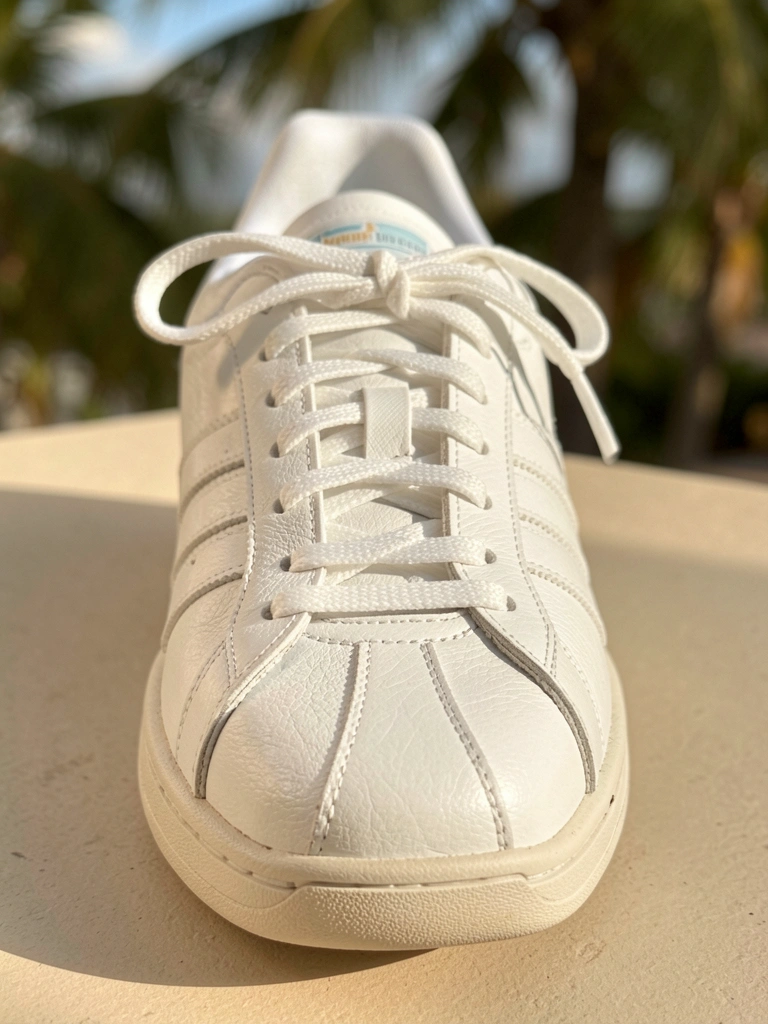 Tênis Adidas branco com cadarços amarrados sobre superfície bege clara, luz natural destacando textura do couro e costuras.