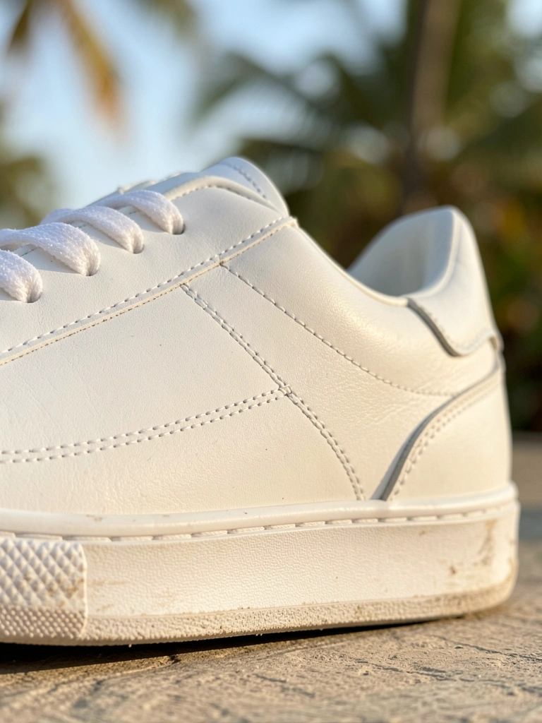 Tênis branco de couro com costuras aparentes, sola texturizada levemente gasta, iluminado por luz natural suave.