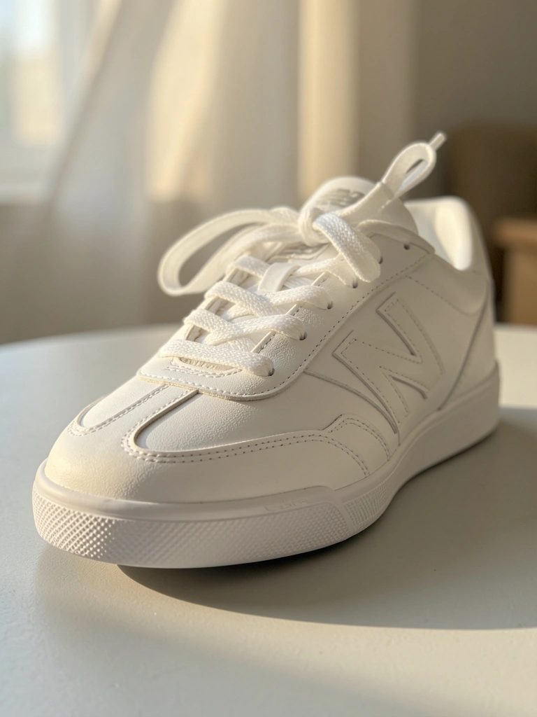 Tênis New Balance branco com costuras detalhadas, sola texturizada e cadarço amarrado, sobre superfície cinza clara sob luz natural suave.