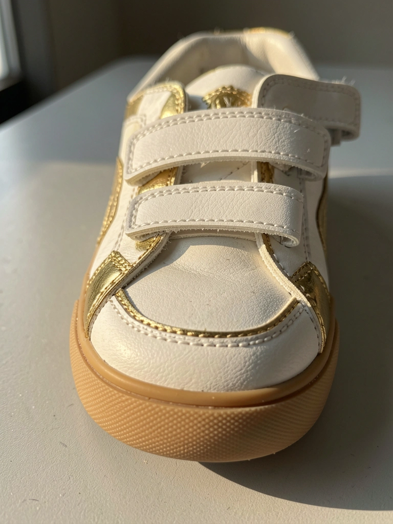 Tênis branco e dourado com fecho de velcro e sola bege sobre superfície cinza clara, luz natural destacando costuras e textura do couro.
