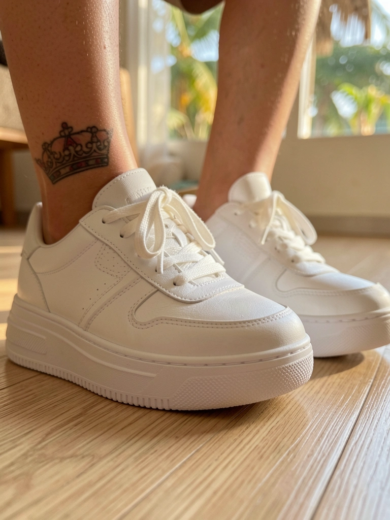 Tênis branco de couro com costuras detalhadas e sola grossa, sobre piso de madeira clara, luz natural quente e tatuagem de coroa no tornozelo.