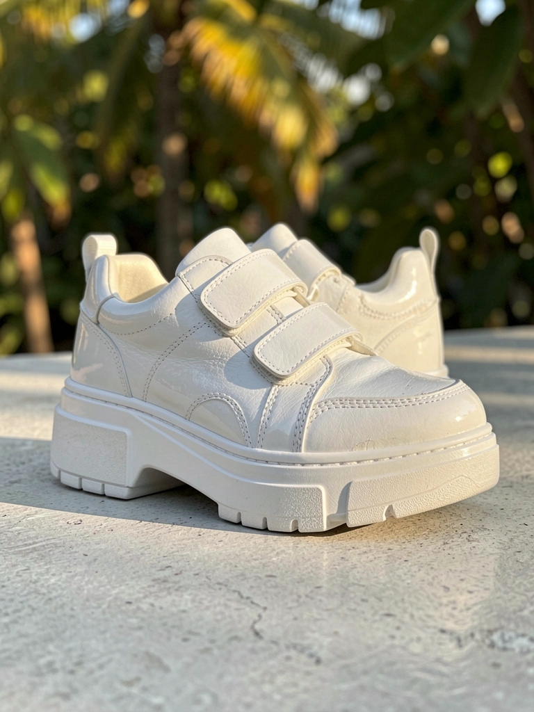 Tênis branco de couro com sola plataforma e tiras de velcro, refletindo luz natural em superfície de concreto cinza claro.
