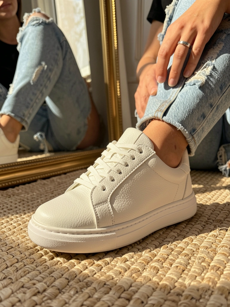 Tênis branco em close sobre tapete de palha, com jeans rasgado e anel prateado ao fundo, luz natural suave.