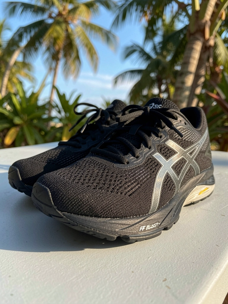 Tênis preto Asics com padrão de malha intrincado e detalhes refletivos, cadarços amarrados, sola FF Blast+, sobre superfície cinza clara com sombras sutis, iluminação natural quente.