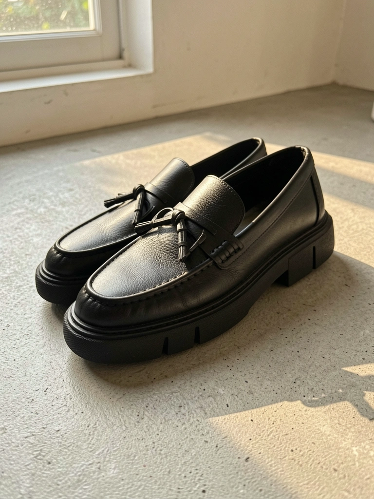 Sapato mocassim preto de couro com sola grossa e laço, sobre piso de concreto cinza claro, iluminado por luz natural difusa.
