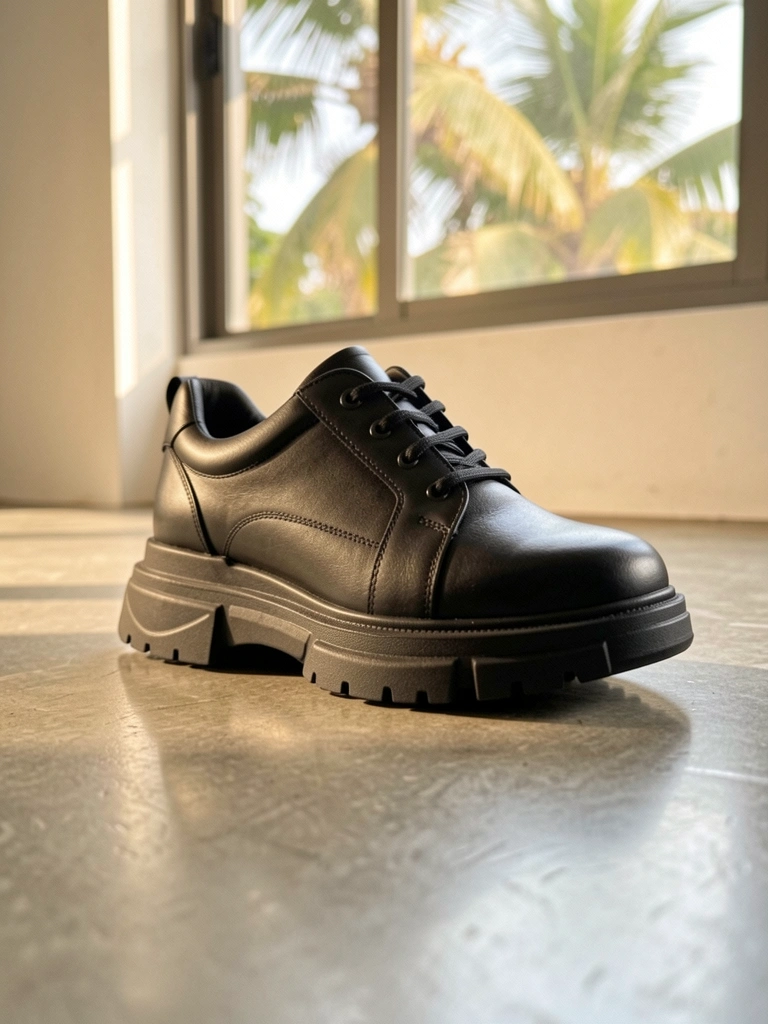 Tênis preto de couro com solado chunky sobre piso de concreto polido, luz natural refletindo no couro e janela ao fundo criando um brilho suave.