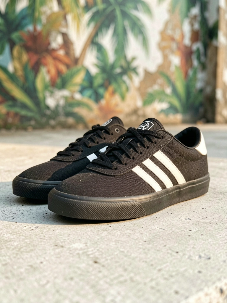 Tênis preto Adidas de lona com listras brancas sobre piso de concreto cinza claro, luz natural difusa e parede tropical desfocada ao fundo.