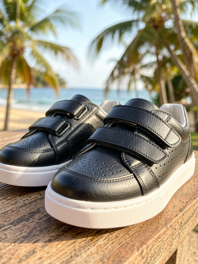 Close-up de dois tênis pretos de couro com solado branco e fecho de velcro, luz natural suave, fundo desfocado com folhagens ao sol.