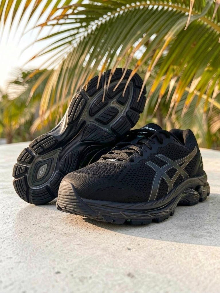 Tênis preto Asics Gel-Nimbus 25 com solado detalhado sobre concreto cinza claro, folhas de palmeira ao fundo com luz natural difusa.
