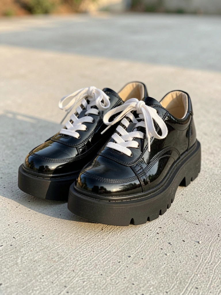 Tênis preto de couro com cadarço branco e sola plataforma, em piso de concreto cinza claro, iluminado por luz natural suave.