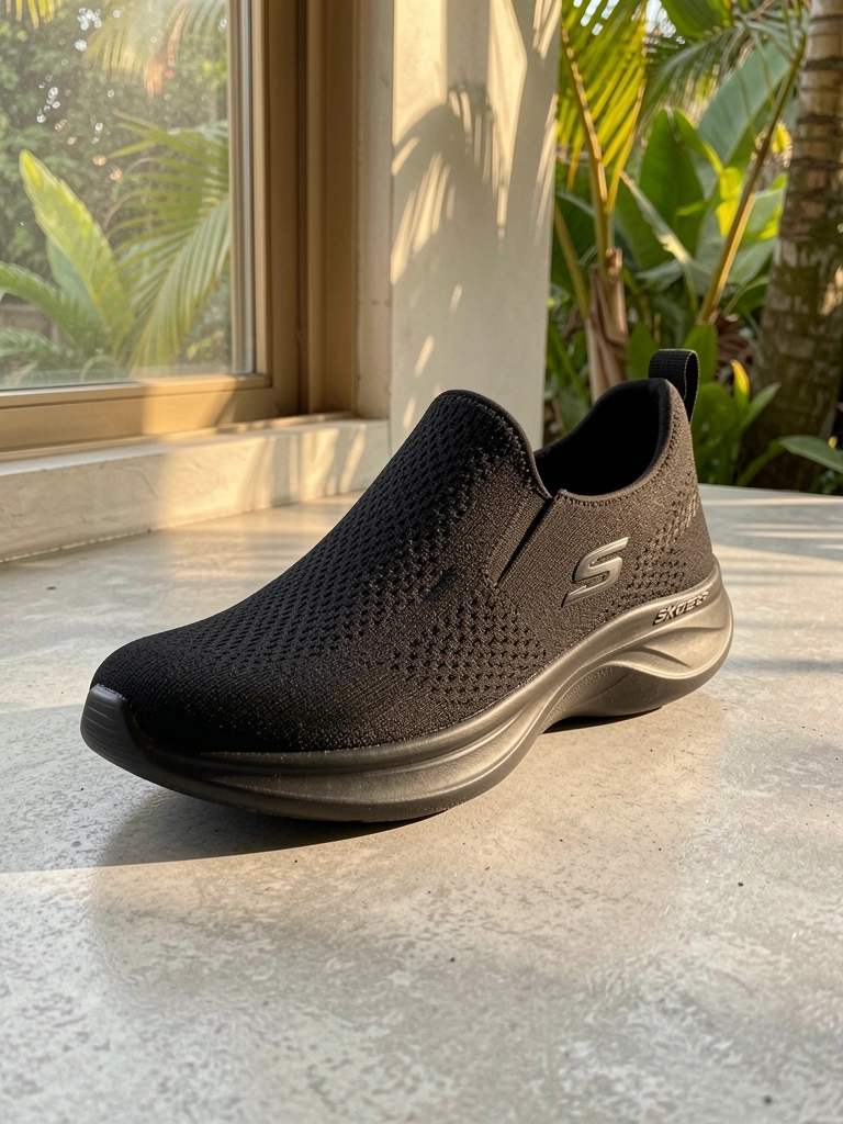 Tênis preto Skechers slip-on sobre concreto cinza claro, luz natural filtrada por janela com verde ao fundo, textura de malha em close.