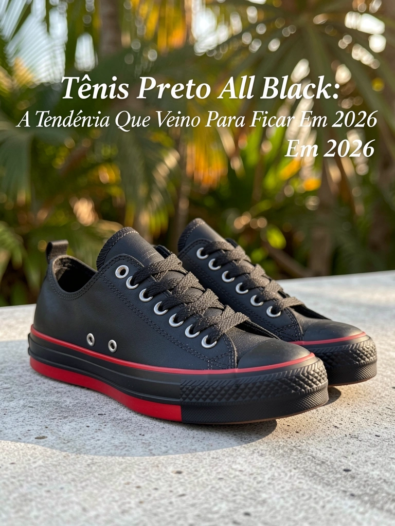 Tênis Converse All Star preto com sola vermelha e bico de borracha texturizado sobre piso de concreto cinza claro, luz natural filtrada por folhagens ao fundo.