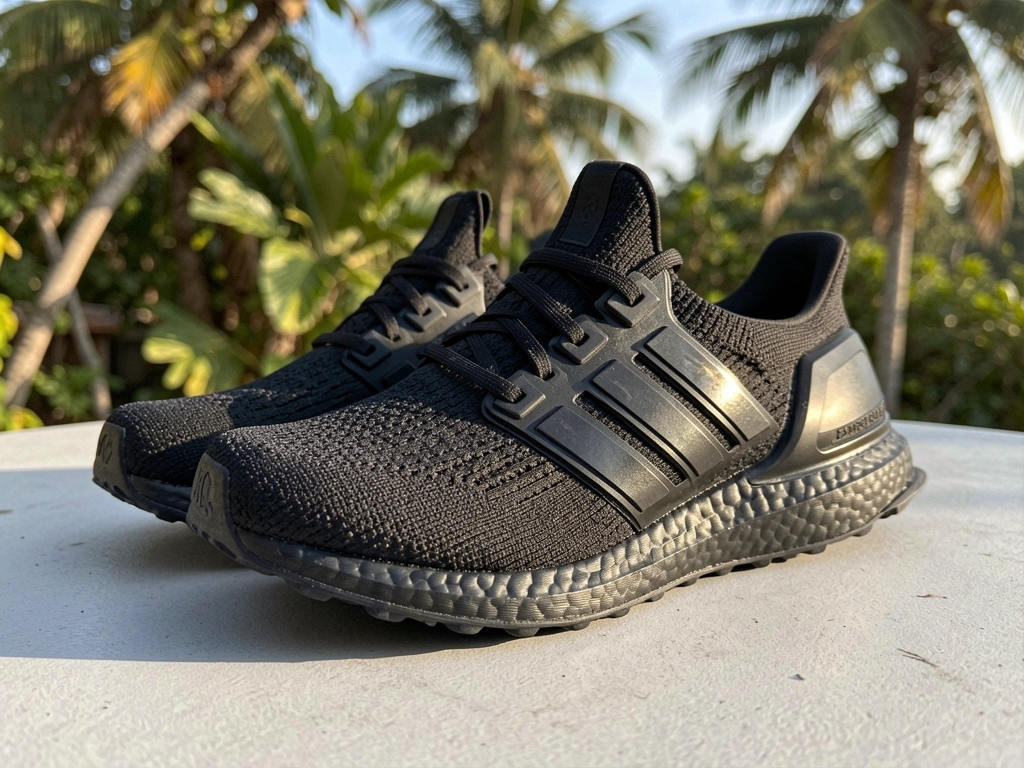 Tênis preto Adidas Ultraboost sobre superfície cinza clara, luz natural destaca textura do cabedal de malha e entressola Boost, fundo desfocado com folhagem.