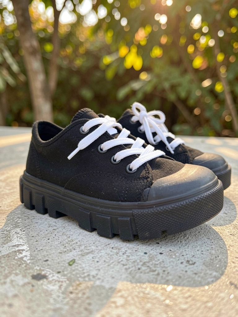 Tênis preto de cano baixo com solado texturizado e cadarço branco sobre concreto cinza claro, luz natural filtrada por folhagens.
