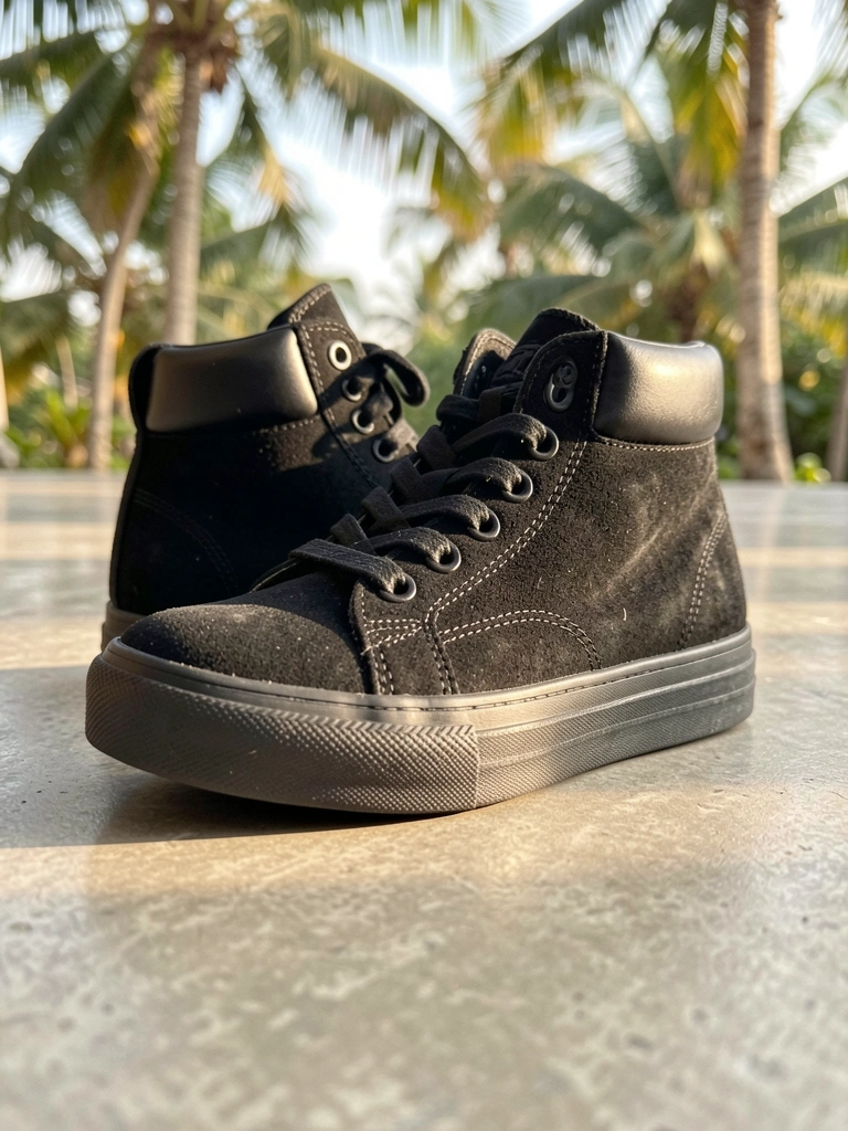 Tênis preto de camurça com sola grossa e cadarço amarrado, luz natural difusa refletindo no piso de concreto polido.