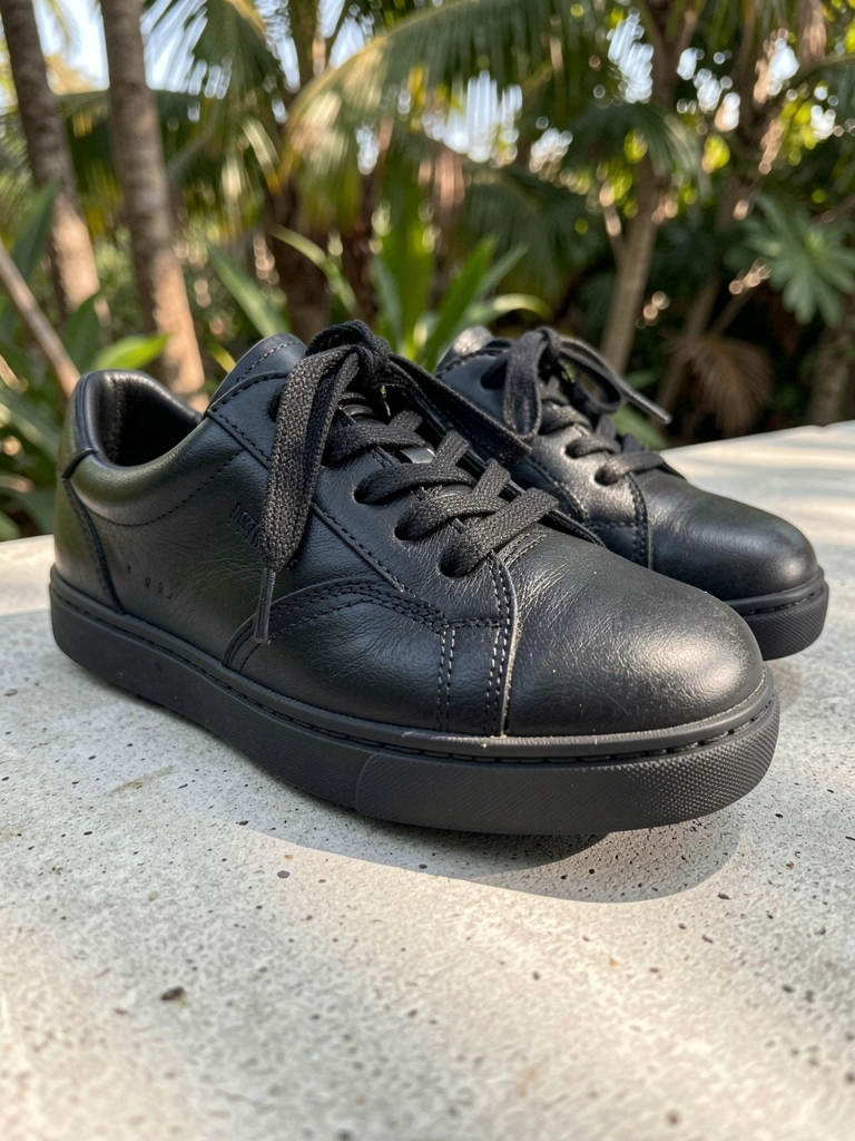 Tênis preto de couro com costura detalhada e sola de borracha sobre concreto cinza claro, luz natural e folhagem desfocada ao fundo.