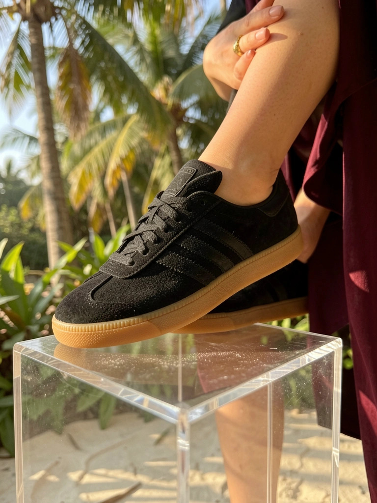 Pé feminino com tênis Adidas preto de camurça sobre mesa de acrílico transparente, mão com anel de ouro segurando tecido vinho ao fundo.
