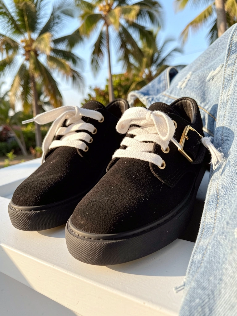 Tênis preto de camurça com cadarço branco e fivela dourada sobre superfície branca, jeans claro ao fundo, luz natural.