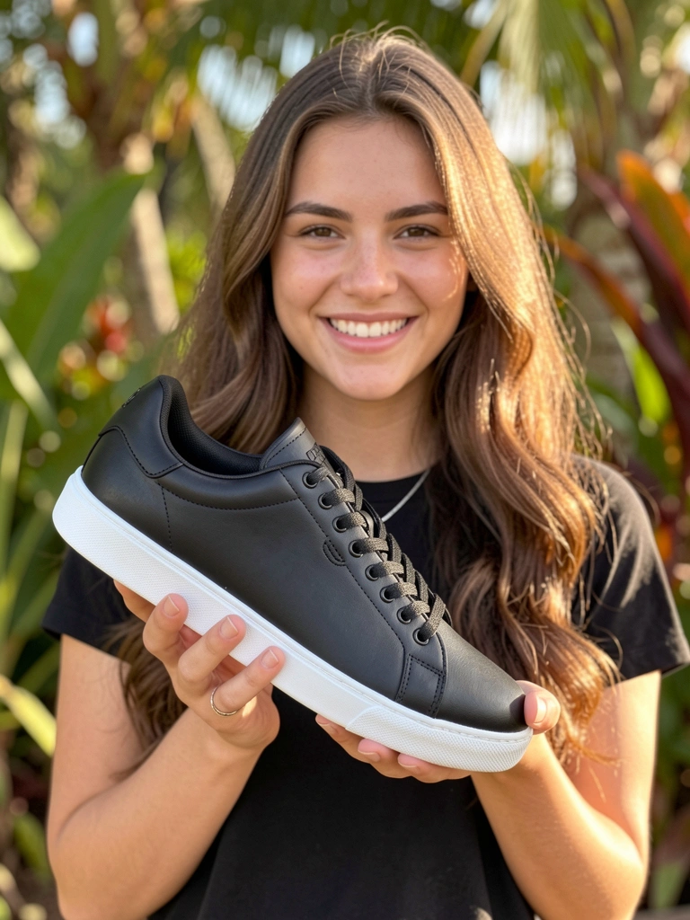 Mãos femininas seguindo um tênis preto de cadarço com sola branca, luz natural suave e folhagem tropical desfocada ao fundo.
