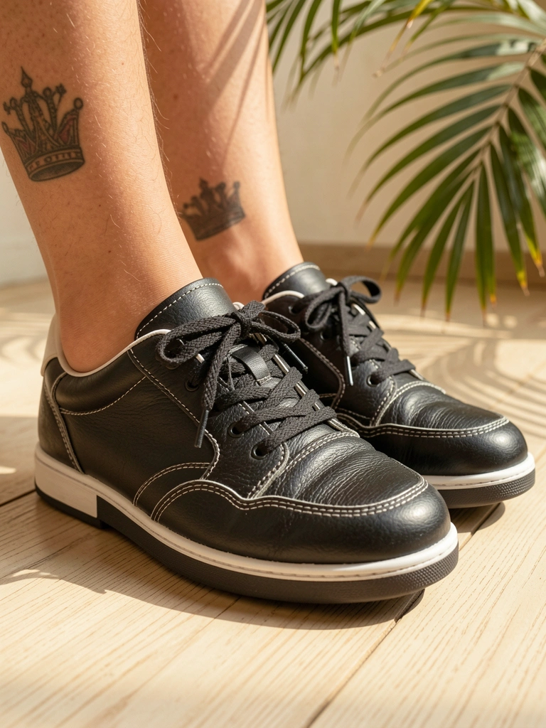 Tênis preto de couro com detalhes brancos e cadarço amarrado sobre assoalho de madeira claro, luz natural e folhas de palmeira ao fundo, tatuagem de coroa no tornozelo.
