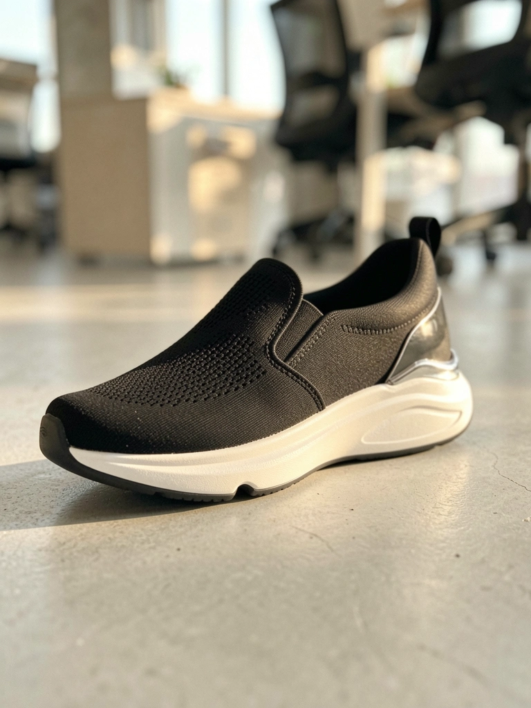 Tênis preto slip-on com sola branca e detalhes prateados sobre piso de concreto cinza claro, luz natural suave e fundo desfocado de escritório.