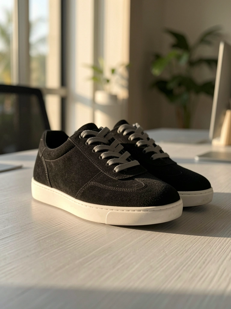 Tênis preto de camurça com sola branca e cadarço cinza sobre mesa de madeira clara, luz natural suave e fundo desfocado de escritório minimalista.