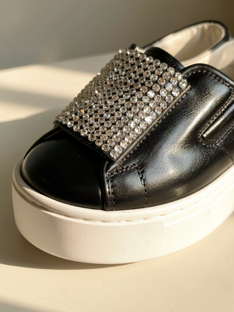 Tênis preto de couro brilhante com sola branca e pulseira cravejada de strass prateados, sobre superfície clara, luz natural e desfoque suave.
