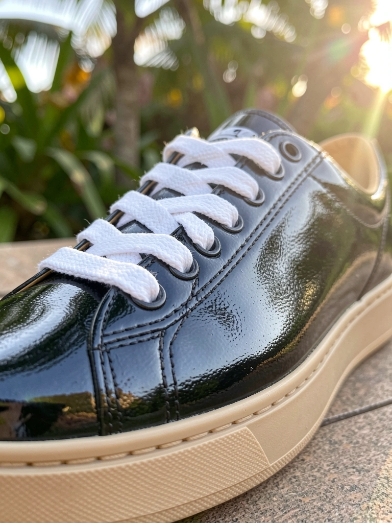 Close-up de tênis preto de couro brilhante com cadarço branco e solado bege, costura aparente e reflexo, flare solar e folhagem tropical desfocada ao fundo.